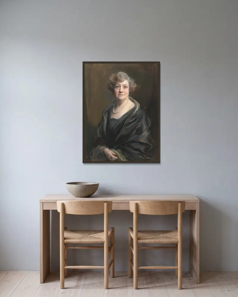 Portrait of Jean Garmany Brandt av Philip Alexius de László inramad på en vägg