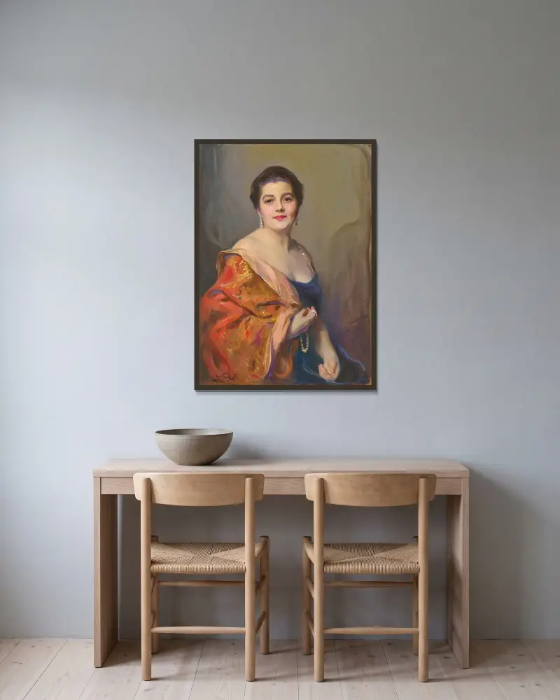 Porträtt av Mrs Robert Celestin Guinness (Dickie) av Philip Alexius de László inramad på en vägg