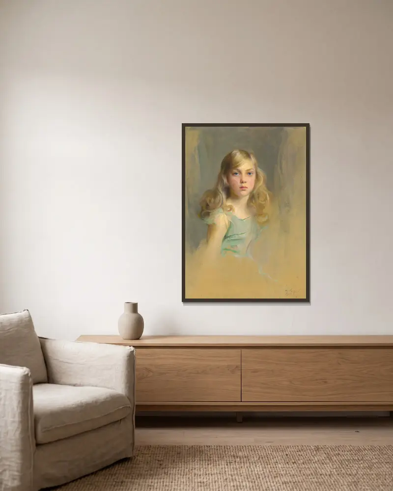 Portrait of the Hon. Esmée Mary Gabrielle Harmsworth, later Countess Cromer, aged nine av Philip Alexius de László inramad på en vägg