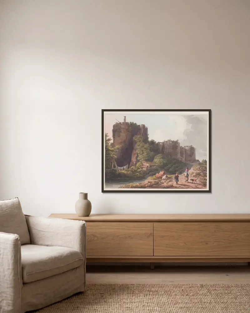 Chepstow Castle in Monmouthshire av Philip James de Loutherbourg inramad på en vägg