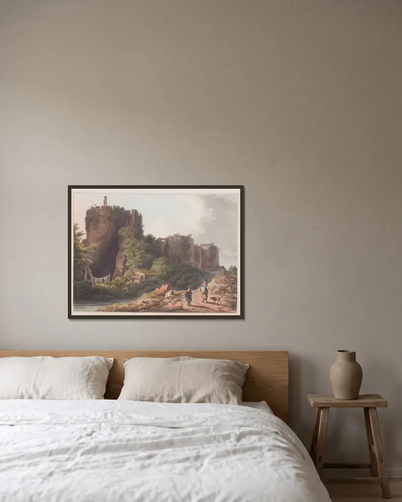 Chepstow Castle in Monmouthshire av Philip James de Loutherbourg inramad på en vägg
