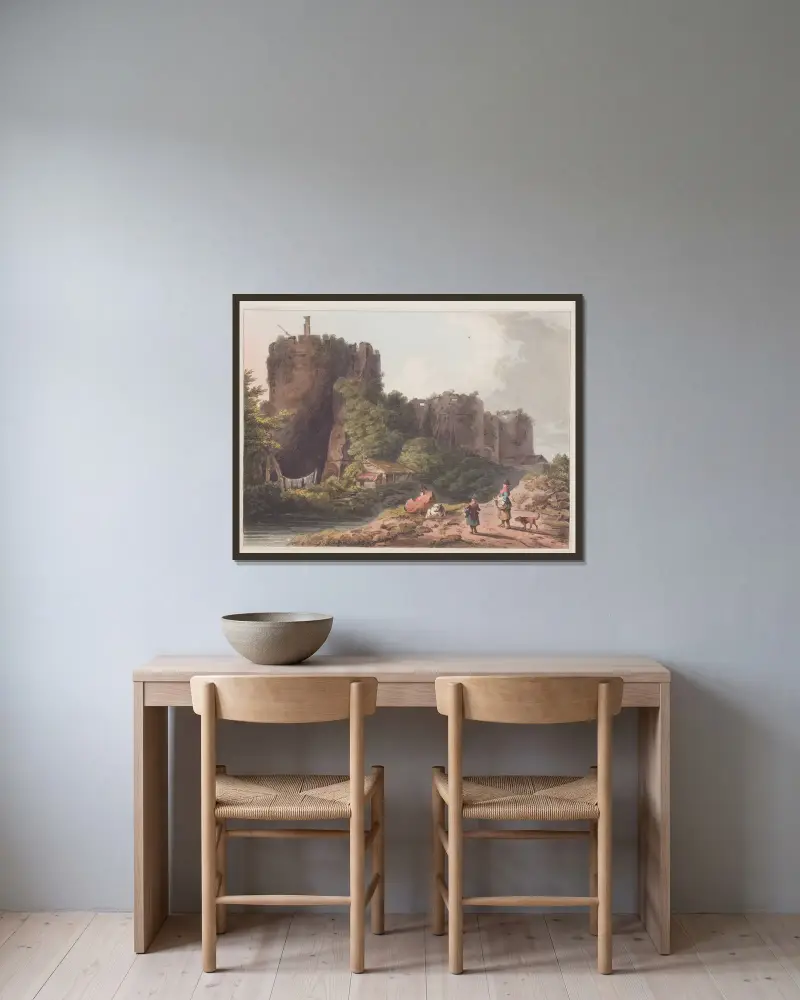 Chepstow Castle in Monmouthshire av Philip James de Loutherbourg inramad på en vägg
