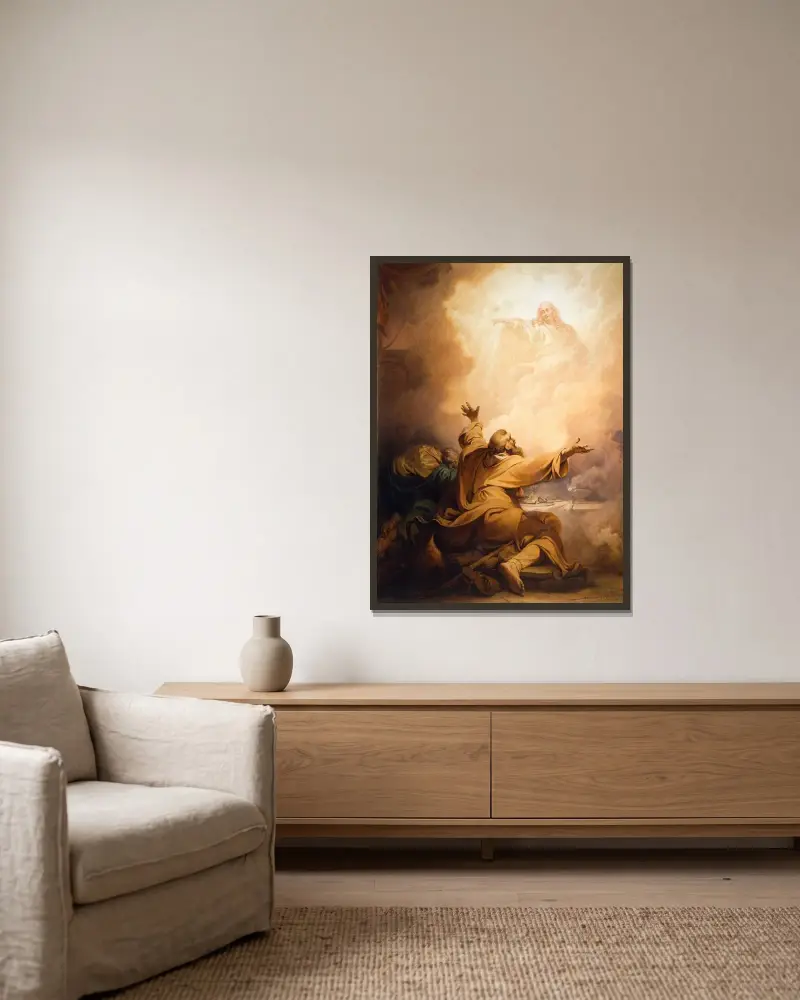 Christus erscheint den Jüngern in Emmaus von Philip James de Loutherbourg gerahmt an einer Wand
