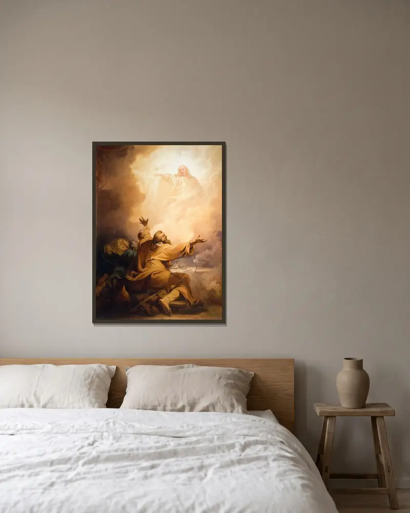 Christus erscheint den Jüngern in Emmaus von Philip James de Loutherbourg gerahmt an einer Wand