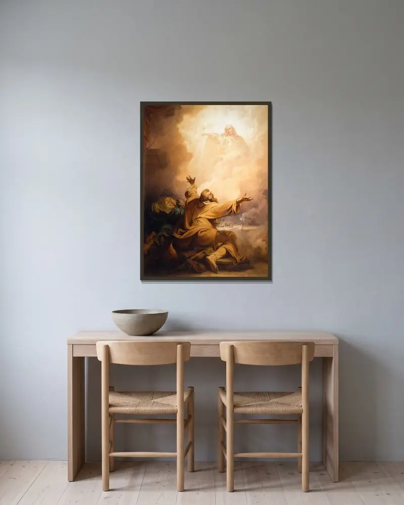 Christus erscheint den Jüngern in Emmaus von Philip James de Loutherbourg gerahmt an einer Wand
