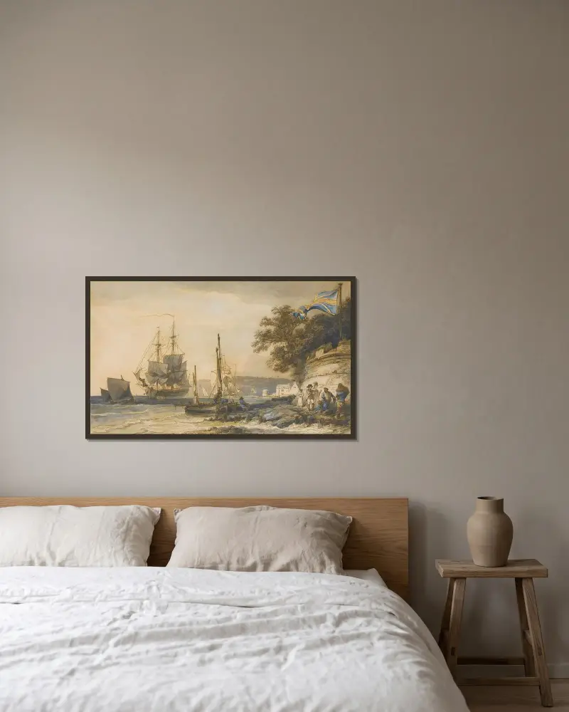 Cowes Castle, Isle Of Wight av Philip James de Loutherbourg inramad på en vägg
