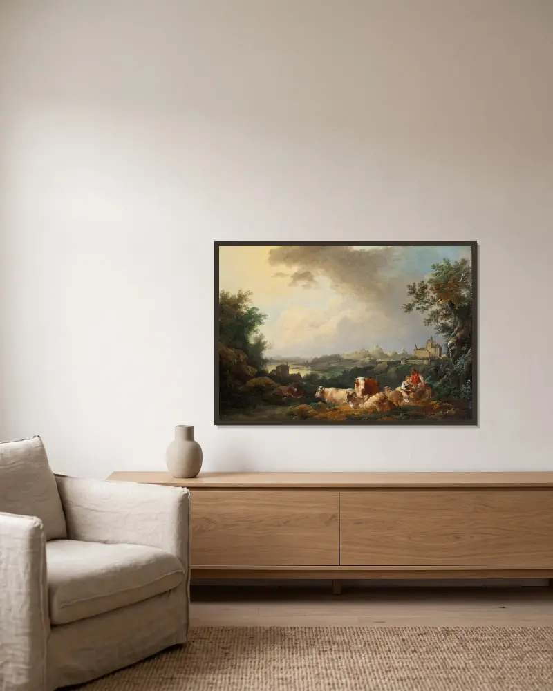 Landschaft mit ruhendem Vieh von Philip James de Loutherbourg gerahmt an einer Wand