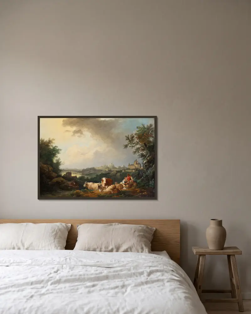 Landschaft mit ruhendem Vieh von Philip James de Loutherbourg gerahmt an einer Wand