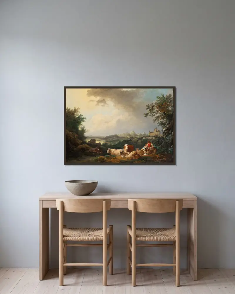 Landschaft mit ruhendem Vieh von Philip James de Loutherbourg gerahmt an einer Wand