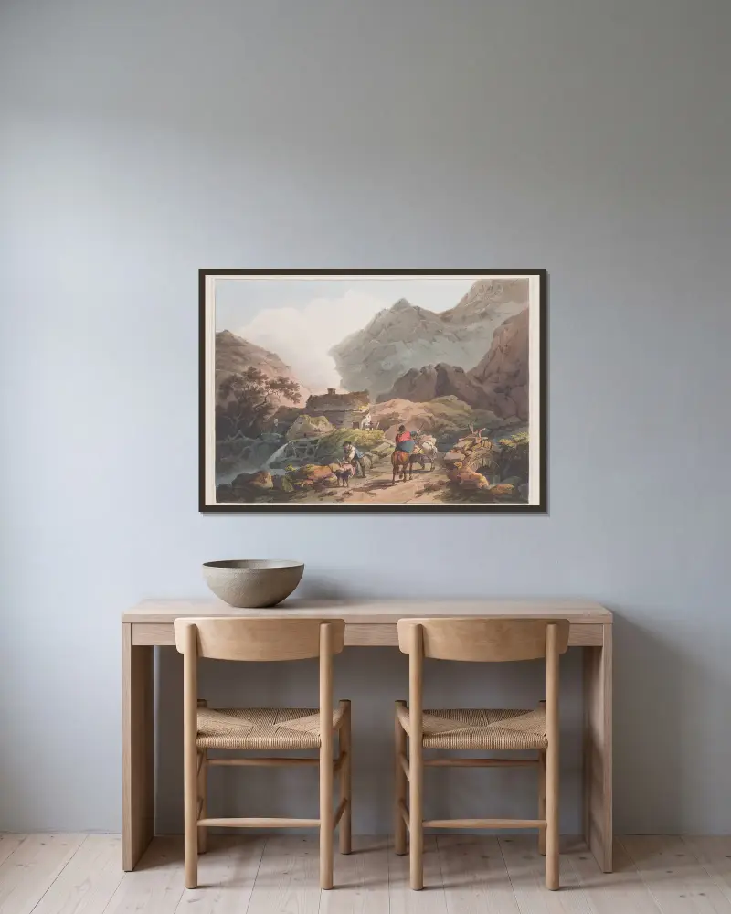 Melin y Nant. Near Snowdon av Philip James de Loutherbourg inramad på en vägg