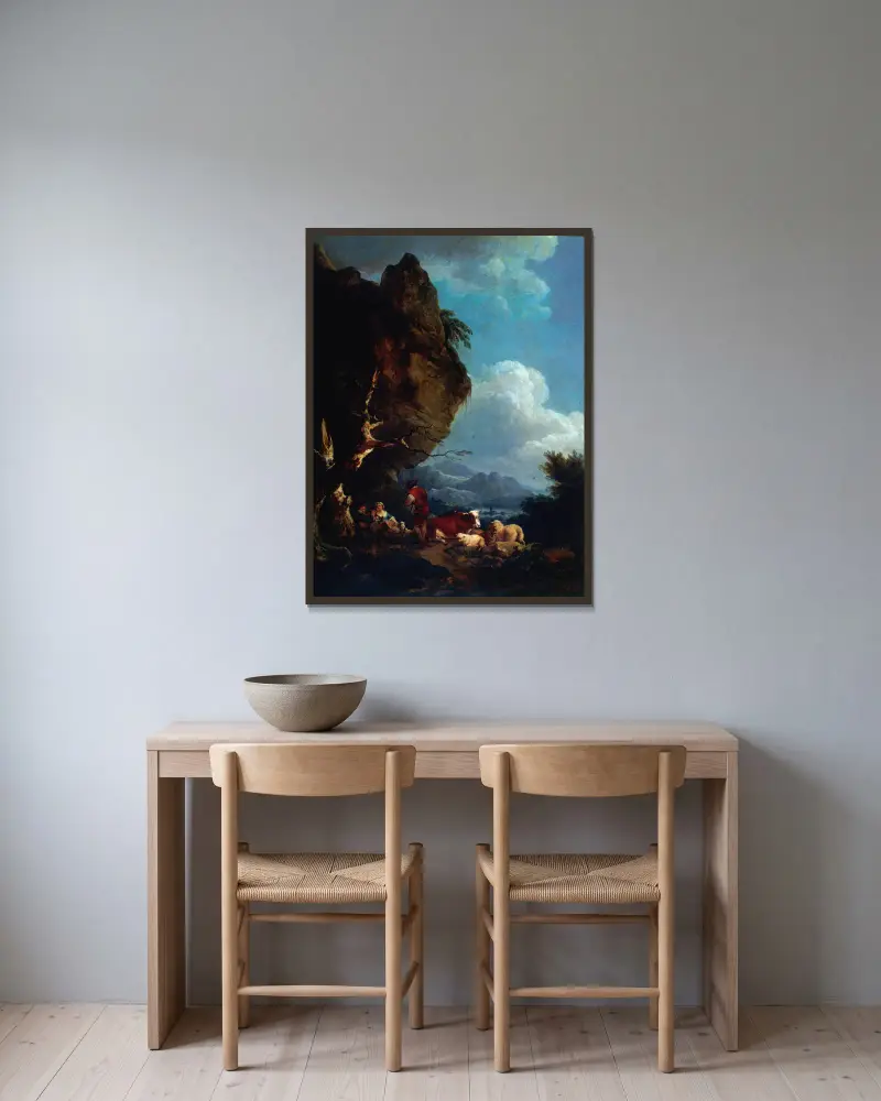 Paysage animé de bergers av Philip James de Loutherbourg inramad på en vägg
