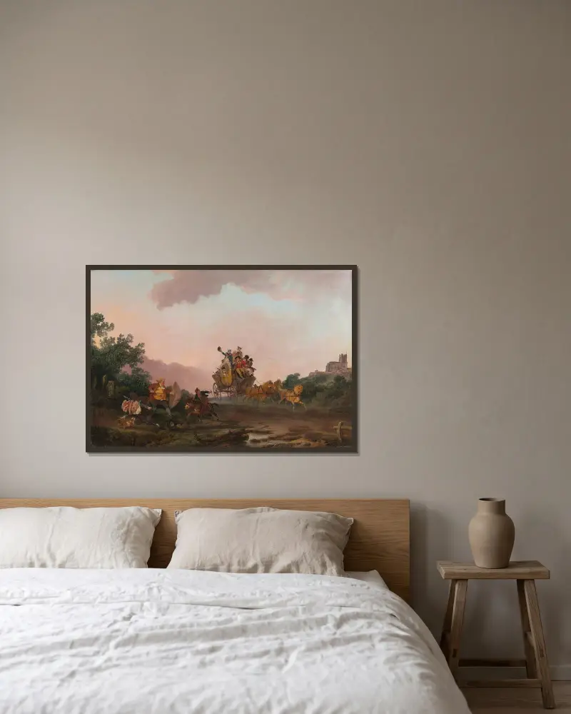 Ausgelassene Reisende in einer Kutsche von Philip James de Loutherbourg gerahmt an einer Wand