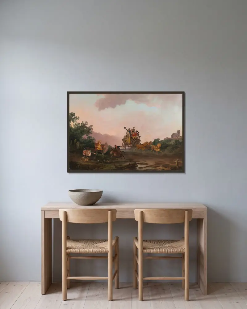 Ausgelassene Reisende in einer Kutsche von Philip James de Loutherbourg gerahmt an einer Wand