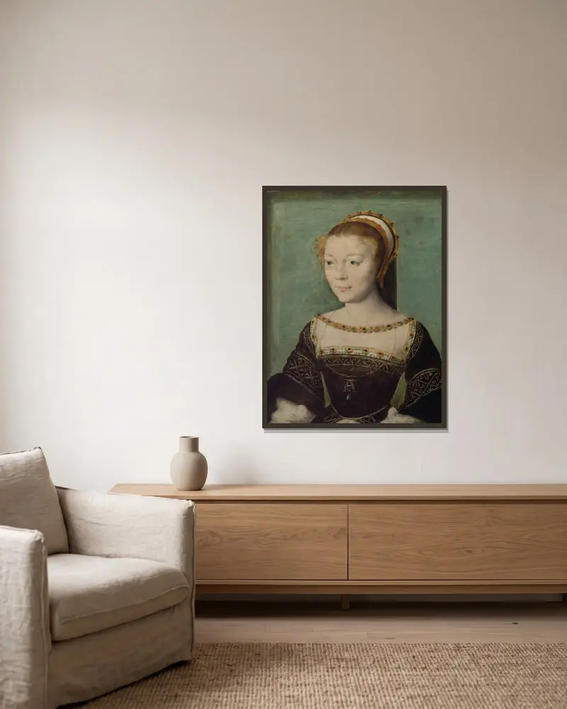 Anne de Pisseleu (1508–1576), Duchesse d’Étampes av Corneille de Lyon inramad på en vägg