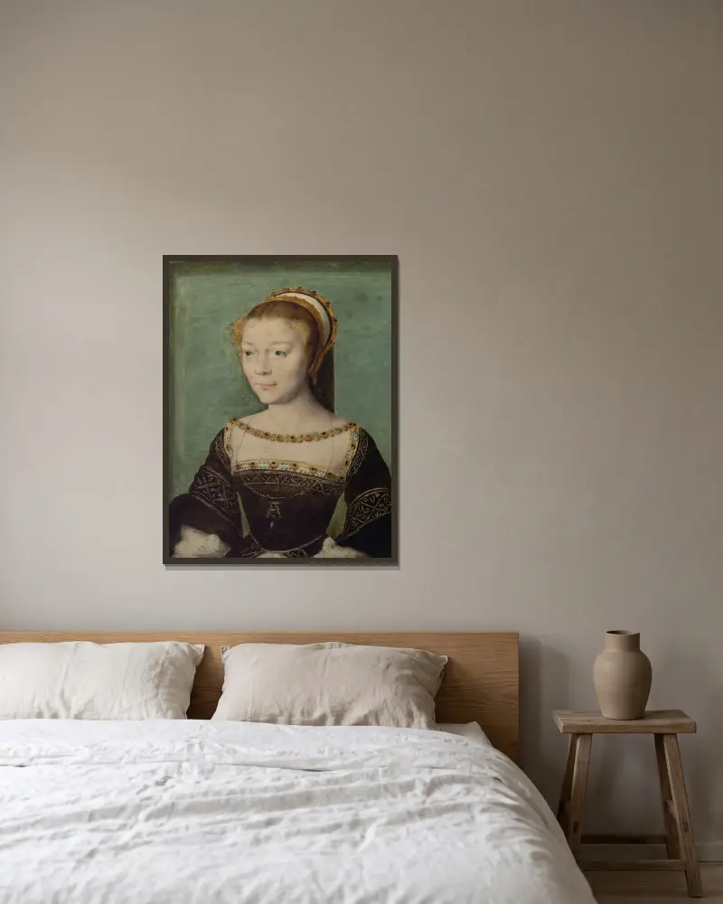 Anne de Pisseleu (1508–1576), Duchesse d’Étampes av Corneille de Lyon inramad på en vägg
