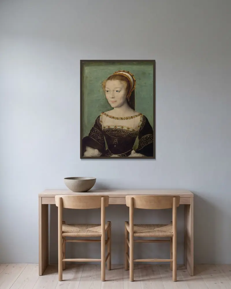 Anne de Pisseleu (1508–1576), Duchesse d’Étampes av Corneille de Lyon inramad på en vägg