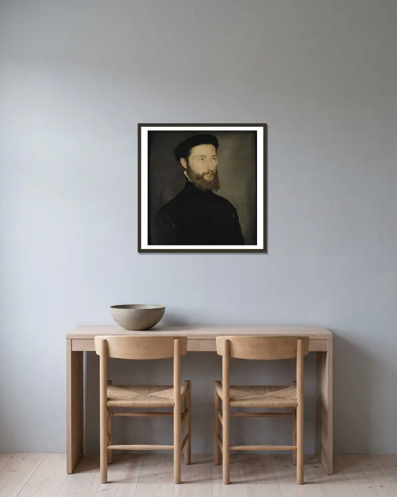 Portrait d’homme barbu anciennement dit de Charles de Cossé-Brissac av Corneille de Lyon inramad på en vägg