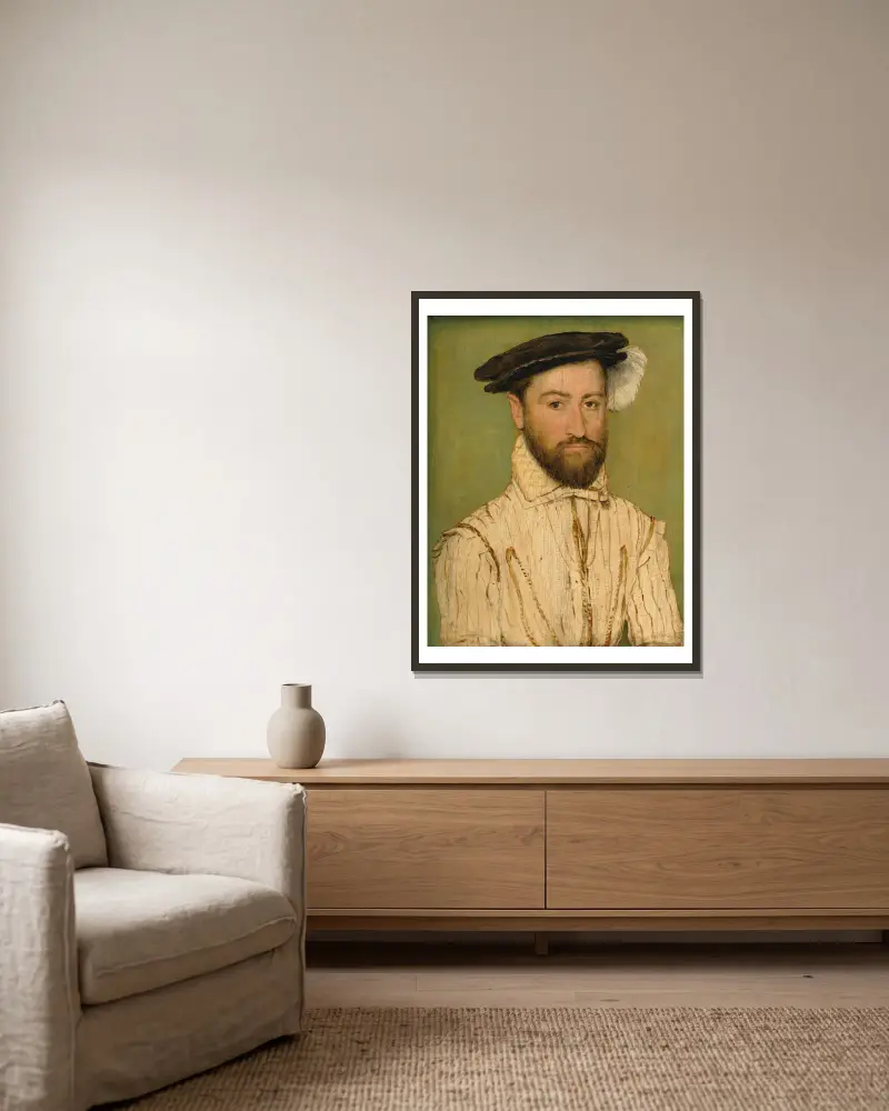 Portrait Of A Bearded Gentleman, In A Black Beret With White Plumage av Corneille de Lyon inramad på en vägg