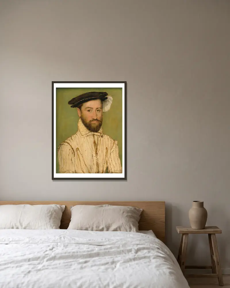 Portrait Of A Bearded Gentleman, In A Black Beret With White Plumage av Corneille de Lyon inramad på en vägg