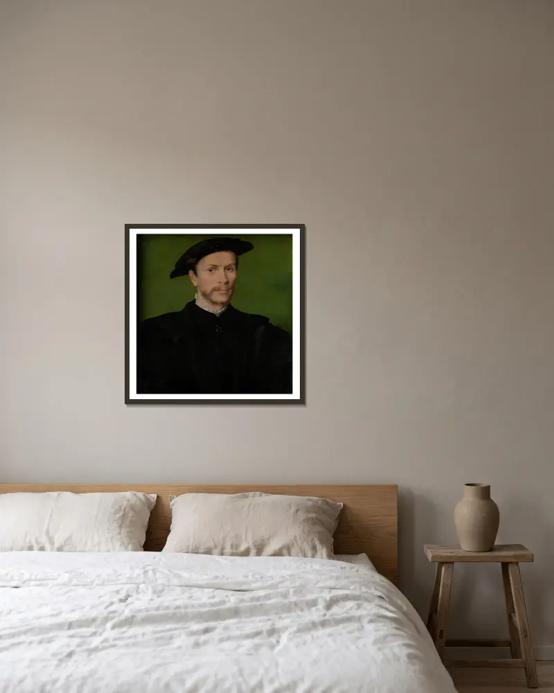 Porträt eines bärtigen Mannes in Schwarz von Corneille de Lyon gerahmt an einer Wand