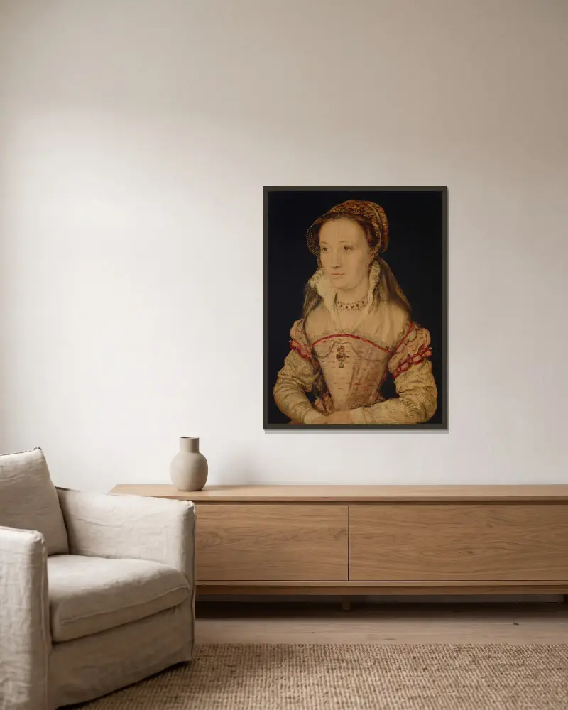 Portrait of a lady, half length, traditionally identified as Marie de Lorraine av Corneille de Lyon inramad på en vägg