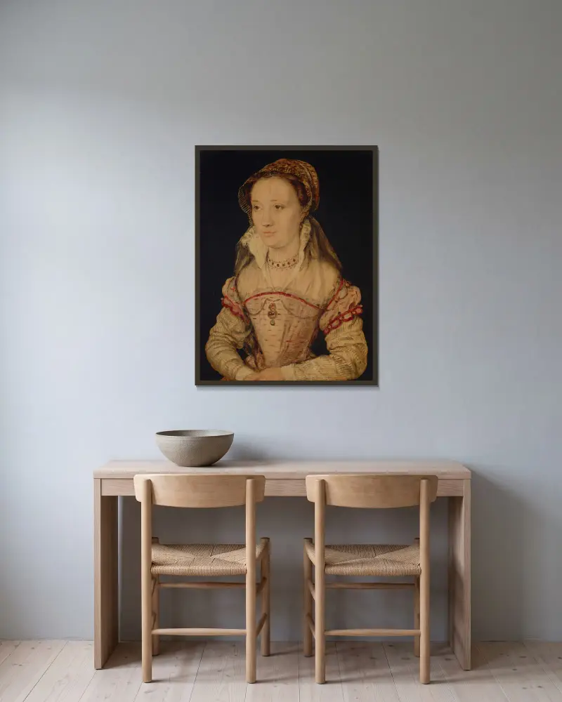 Portrait of a lady, half length, traditionally identified as Marie de Lorraine av Corneille de Lyon inramad på en vägg