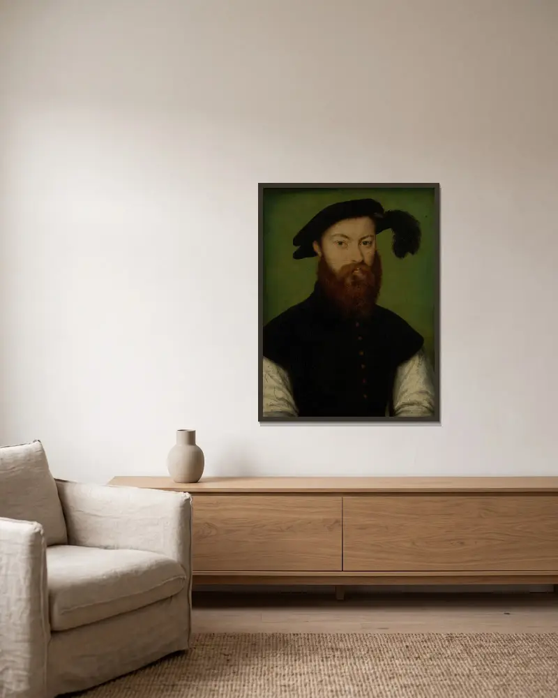Portrait of a Man with a Black-Plumed Hat av Corneille de Lyon inramad på en vägg
