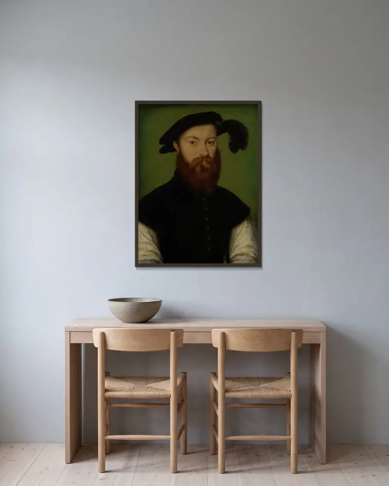 Portrait of a Man with a Black-Plumed Hat av Corneille de Lyon inramad på en vägg
