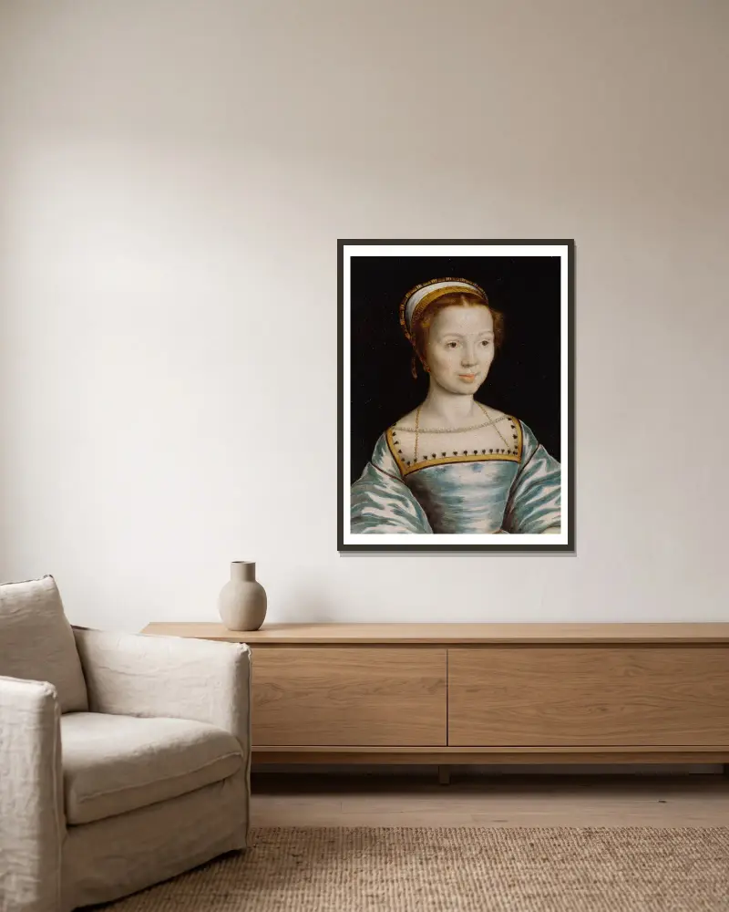 Portrait of a Woman – nr 1 av Corneille de Lyon inramad på en vägg