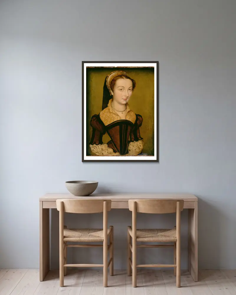 Portrait of Louise de Halluin, dame de Cipierre av Corneille de Lyon inramad på en vägg