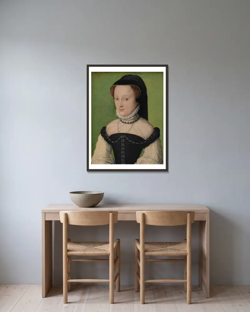 Portrait Of Madame De Châtillon av Corneille de Lyon inramad på en vägg