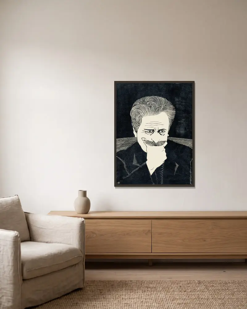 Zelfportret met hand aan snor av Samuel Jessurun de Mesquita inramad på en vägg