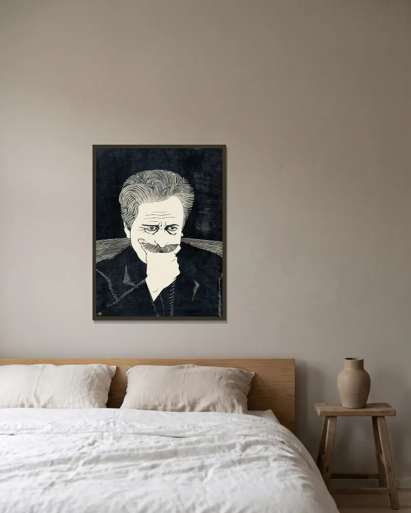 Zelfportret met hand aan snor av Samuel Jessurun de Mesquita inramad på en vägg