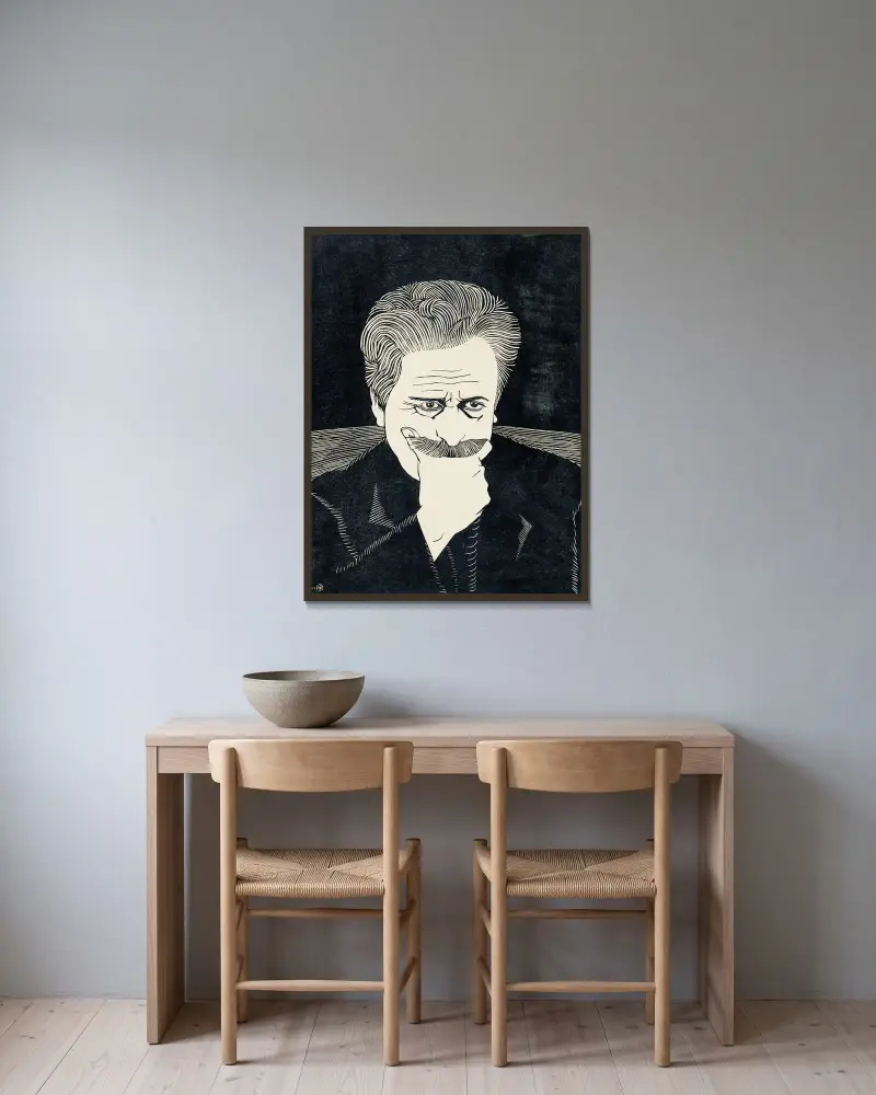 Zelfportret met hand aan snor av Samuel Jessurun de Mesquita inramad på en vägg