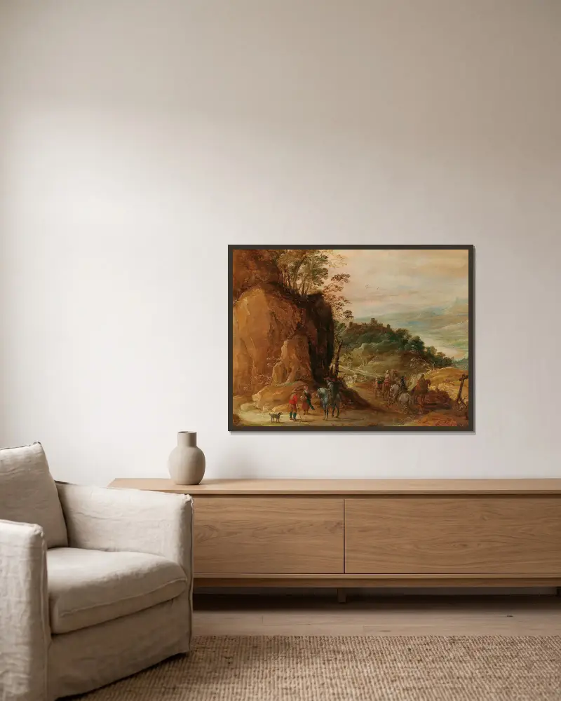 A rocky landscape with horsemen av Joos de Momper inramad på en vägg