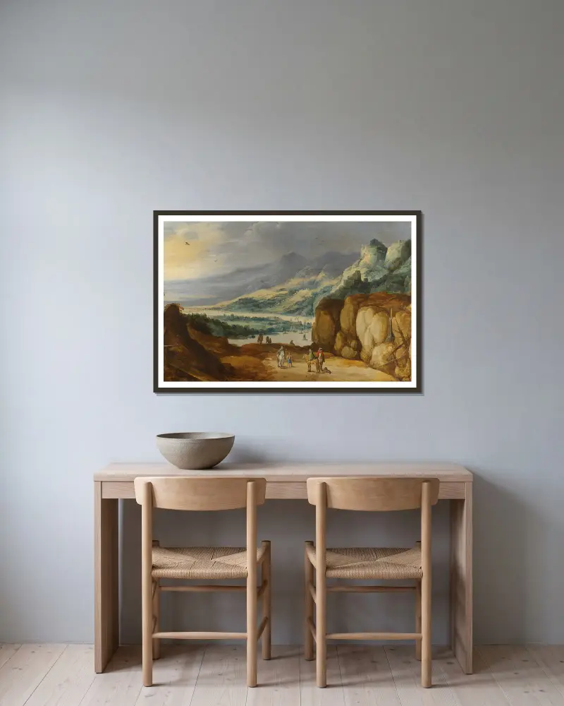An Extensive Mountainous River Landscape With Horsemen Conversing On A Raised Plateau av Joos de Momper inramad på en vägg