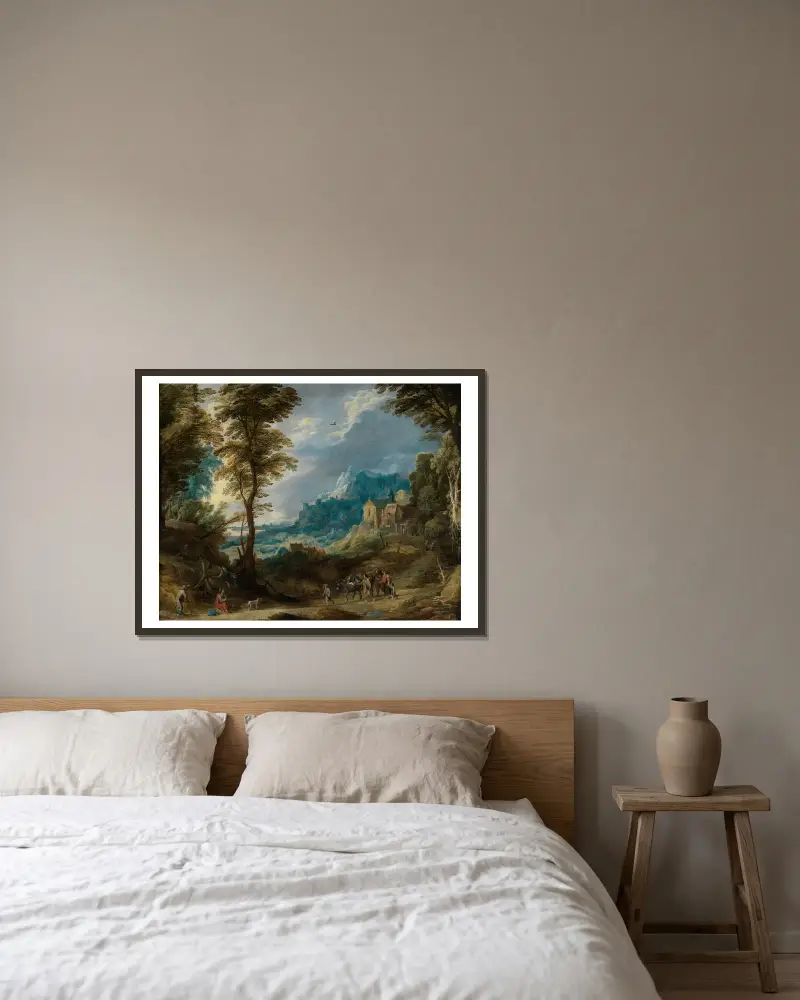 Gebirgslandschaft mit Pilgern und fahrendem Volk av Joos de Momper inramad på en vägg