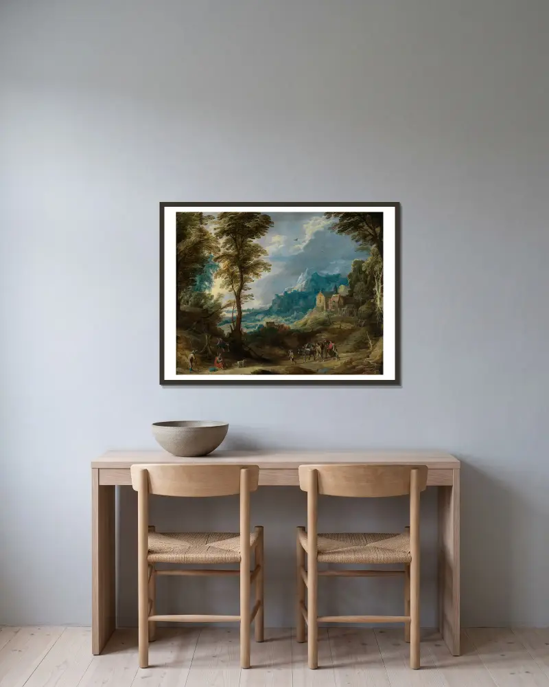 Gebirgslandschaft mit Pilgern und fahrendem Volk av Joos de Momper inramad på en vägg