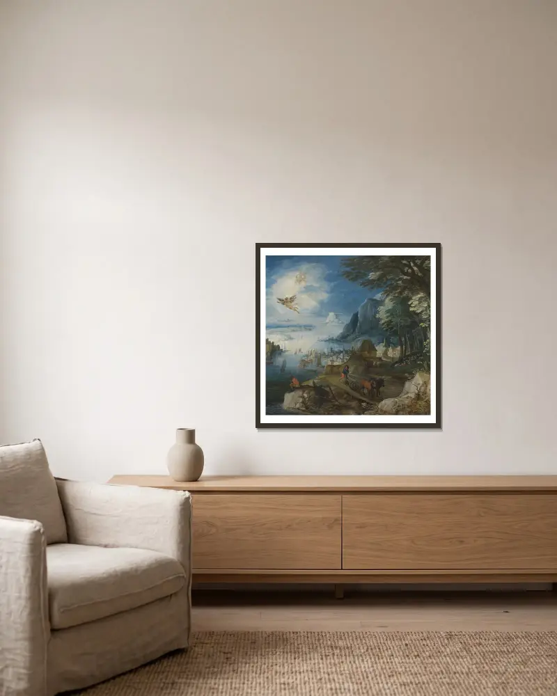 Landscape with the Fall of Icarus av Joos de Momper inramad på en vägg