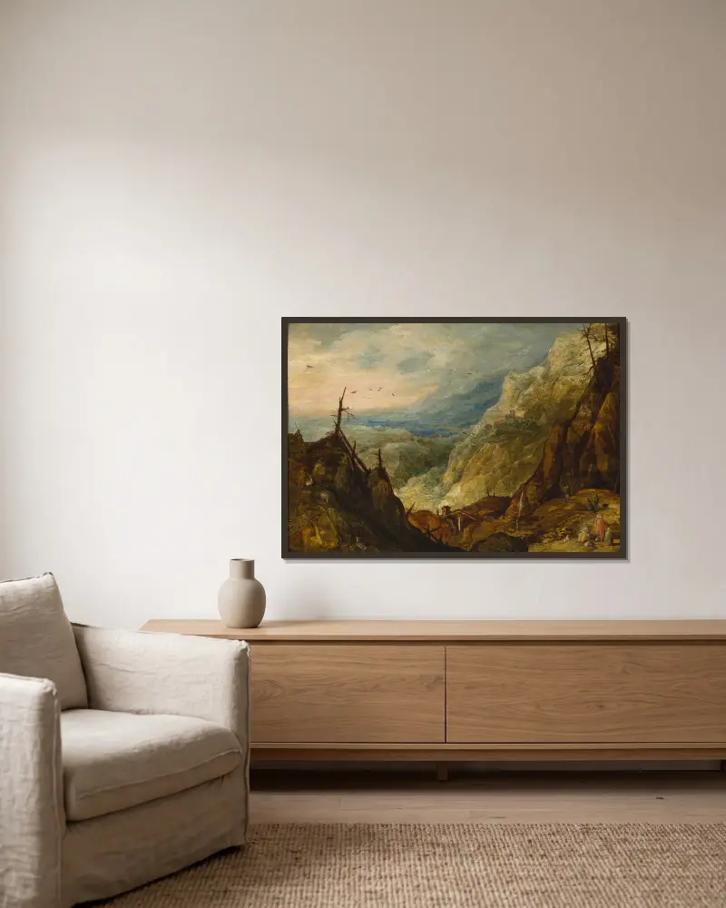 Berglandschaft mit einem zerbrochenen Baum von Joos de Momper gerahmt an einer Wand