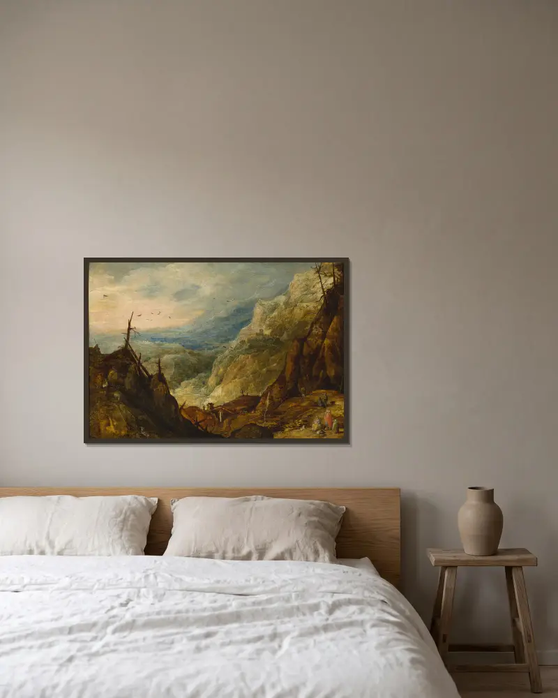 Berglandschaft mit einem zerbrochenen Baum von Joos de Momper gerahmt an einer Wand