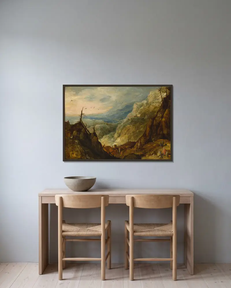 Berglandschaft mit einem zerbrochenen Baum von Joos de Momper gerahmt an einer Wand