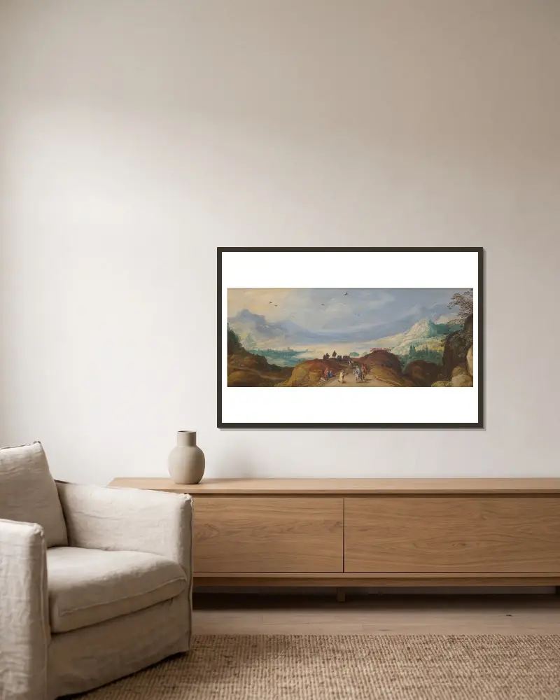 Berglandschaft mit See von Joos de Momper gerahmt an einer Wand