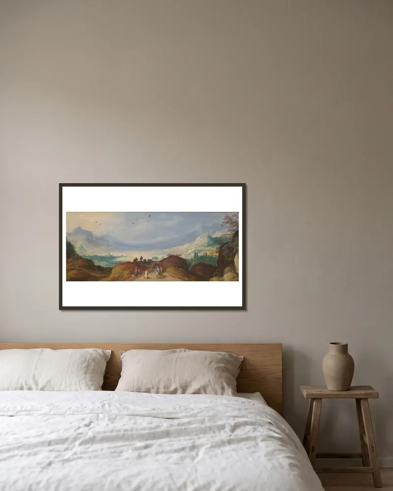 Berglandschaft mit See von Joos de Momper gerahmt an einer Wand