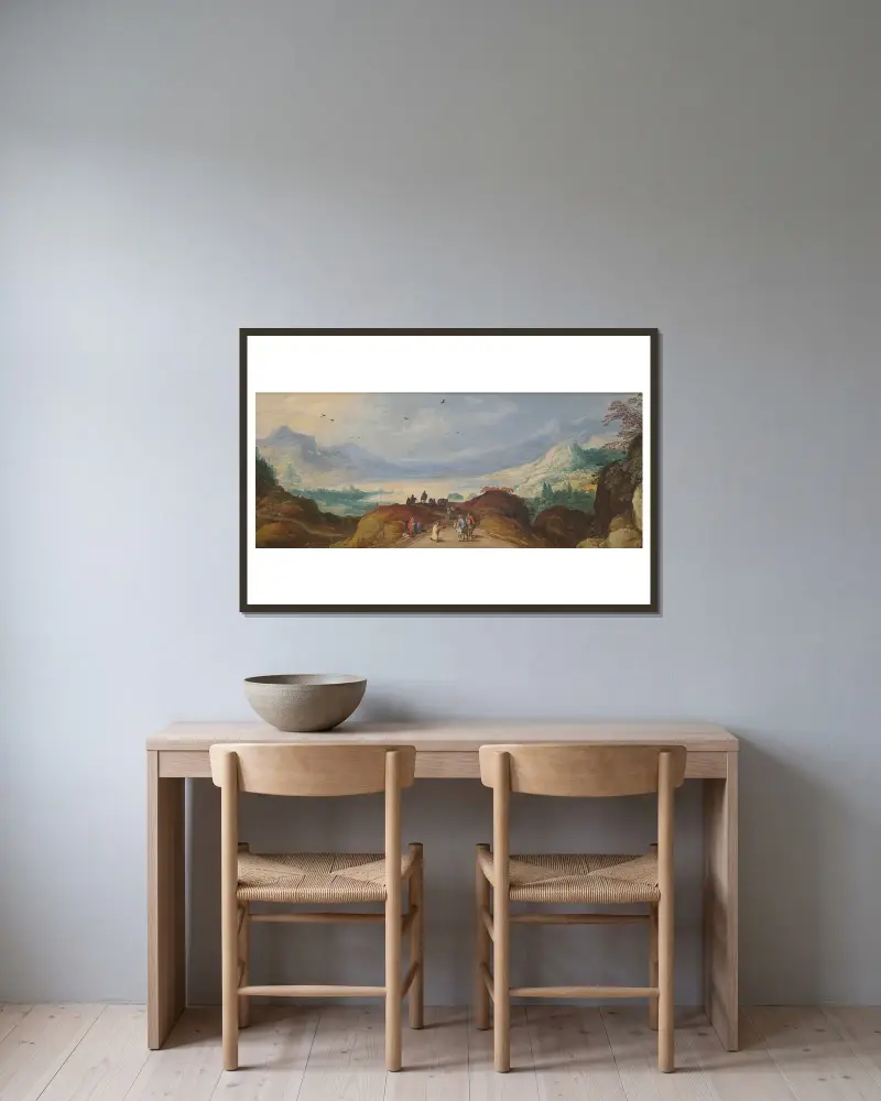 Berglandschaft mit See von Joos de Momper gerahmt an einer Wand