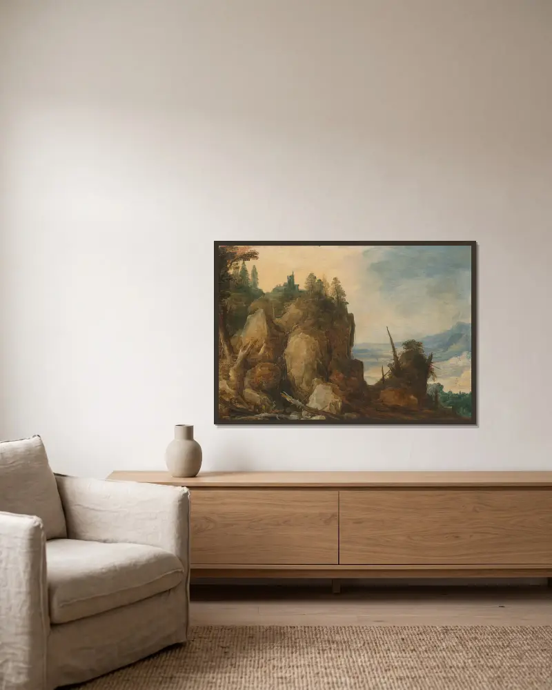 Bergsutsikt von Joos de Momper gerahmt an einer Wand
