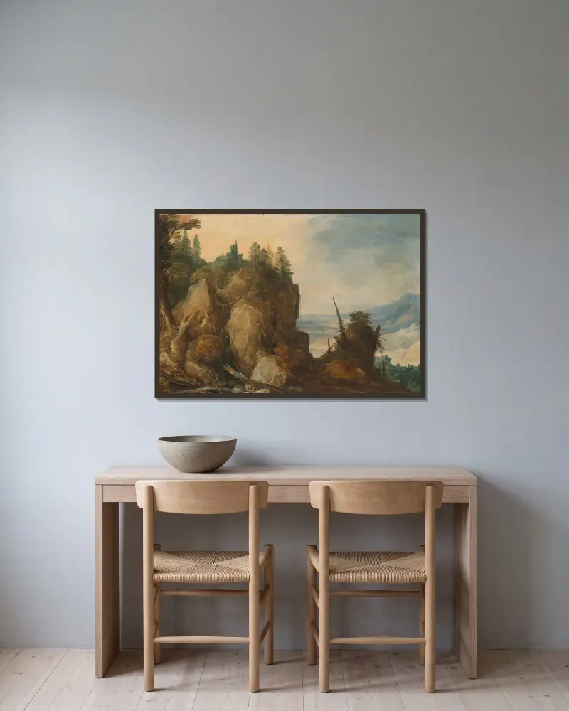 Bergsutsikt von Joos de Momper gerahmt an einer Wand