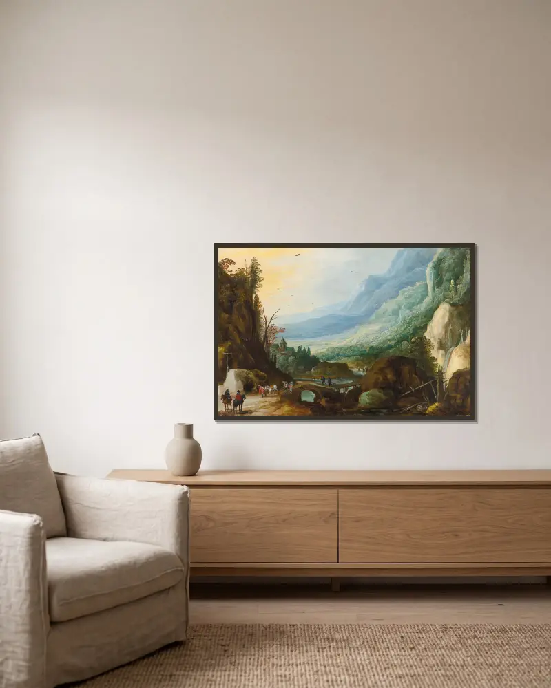 Mountainous Landscape With A Bridge Across A River av Joos de Momper inramad på en vägg
