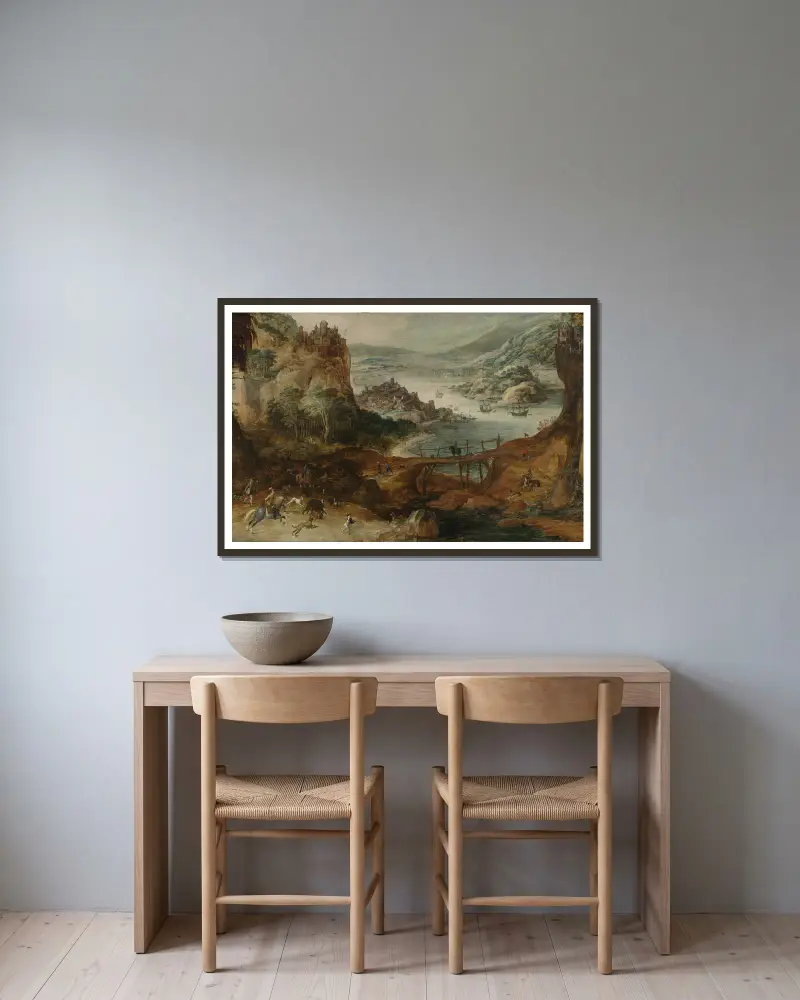 Flusslandschaft mit Wildschweinjagd von Joos de Momper gerahmt an einer Wand