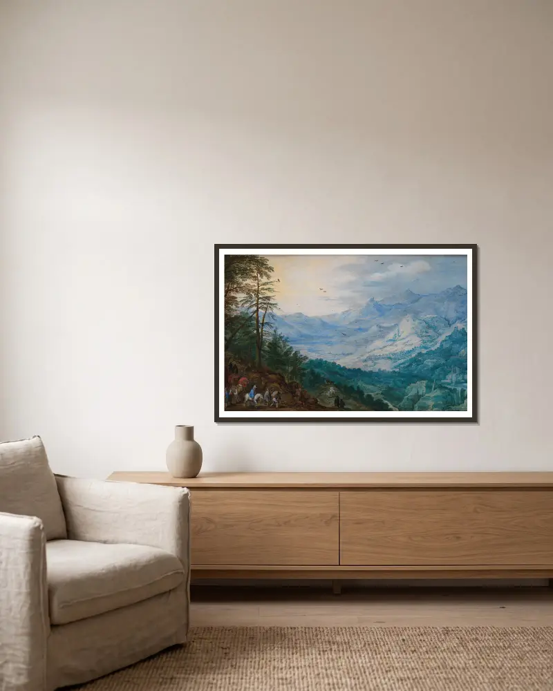 Felsenlandschaft von Joos de Momper gerahmt an einer Wand